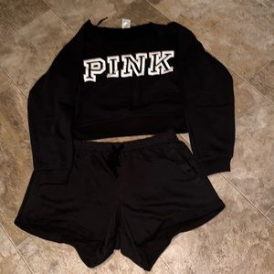 💕 Pink brand sweat shorts and off the shoulder pullover sweat shirt